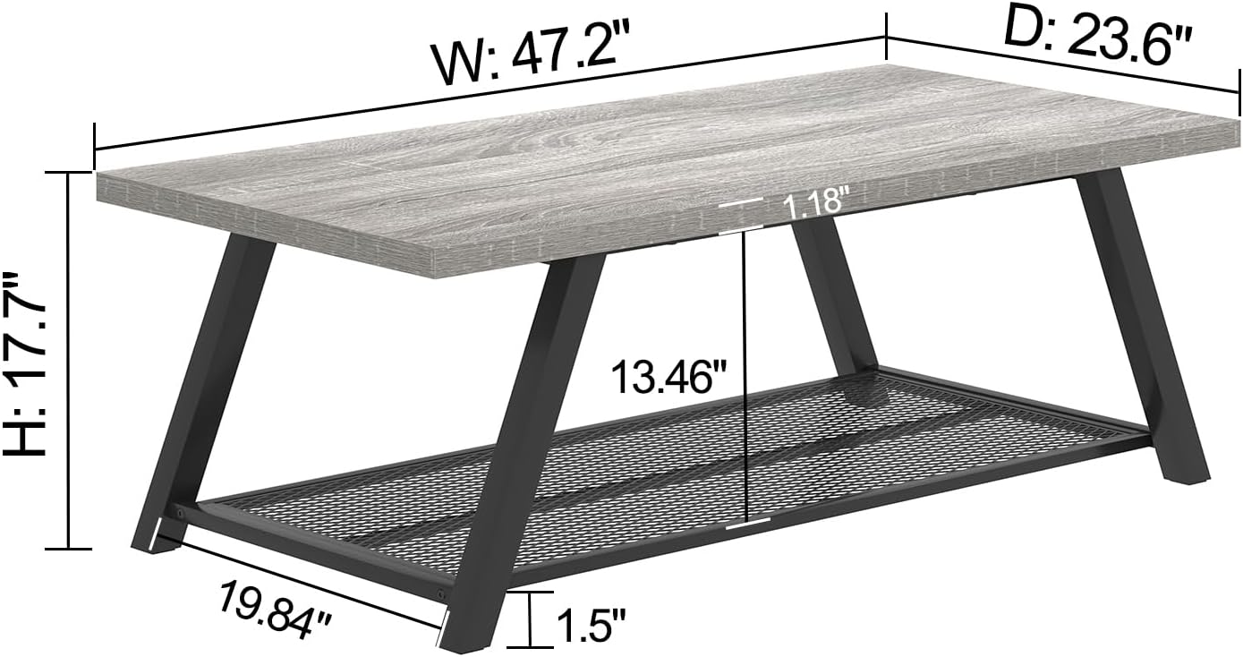 FOLUBAN Industrial Coffee Tables for Living Room with Storage, Rustic Wood and Metal Coffee Table, Modern Rectangle Center Cocktail Tea Table, Light Grey, 47 Inch