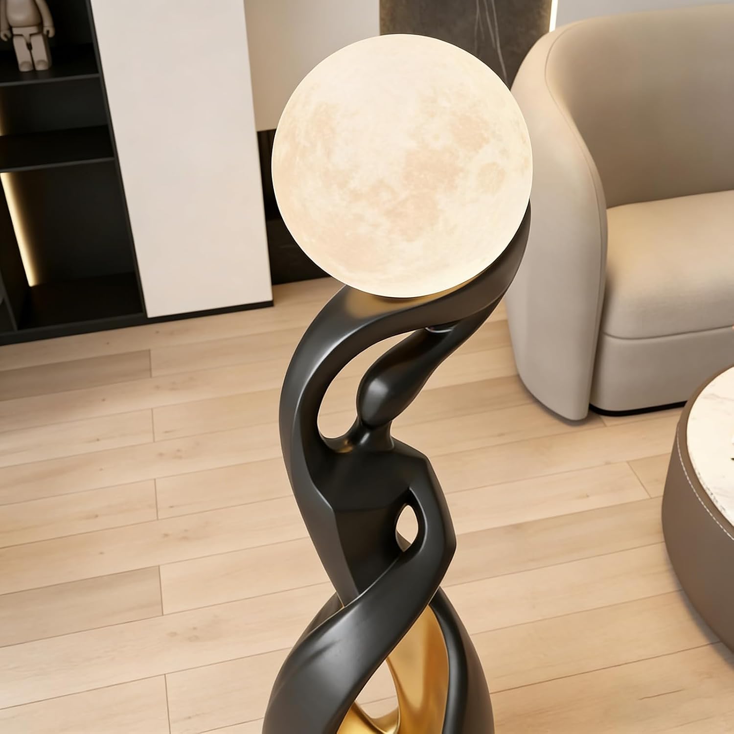 Modern Black and Gold Floor Lamp,Art Unique Corner Standing Light | Decorative Rechargeable Moon Tall Lamp Or Resin Creative Stylish Decor Lamps for LivingRoom,BedRoom