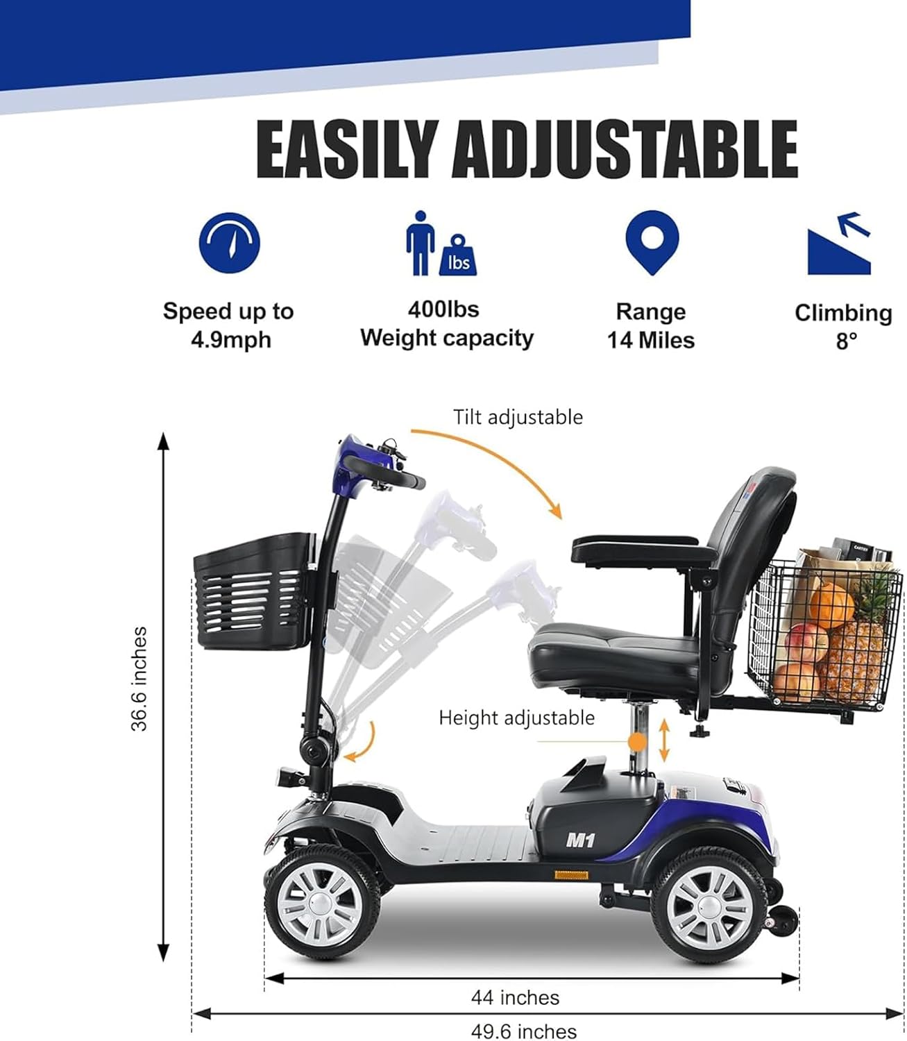 Mobility Scooters for Seniors & Adults 400 Lb Weight All Terrain,Portable 4 Wheel Powered Scooter,Lightweight Foldable Disability Electric Wheelchair,Front and Rear Led Lights,15 Miles,Blue