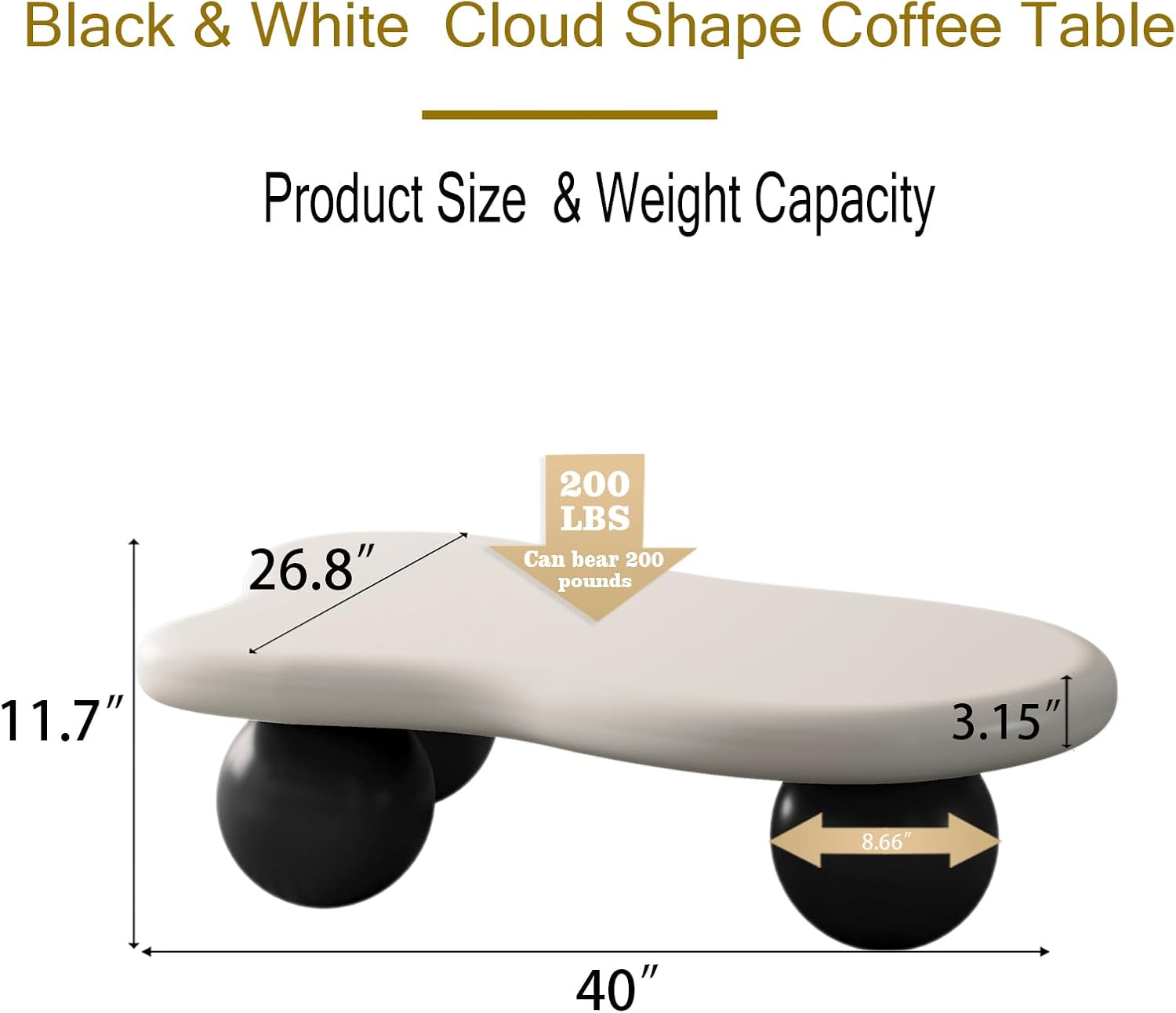40' Cloud Coffee Table for Living Room Irregular Coffee Table Modern Low Coffee Tables Cute Small Center Table with 3 Ball Legs for Small Space Apartment White & Black