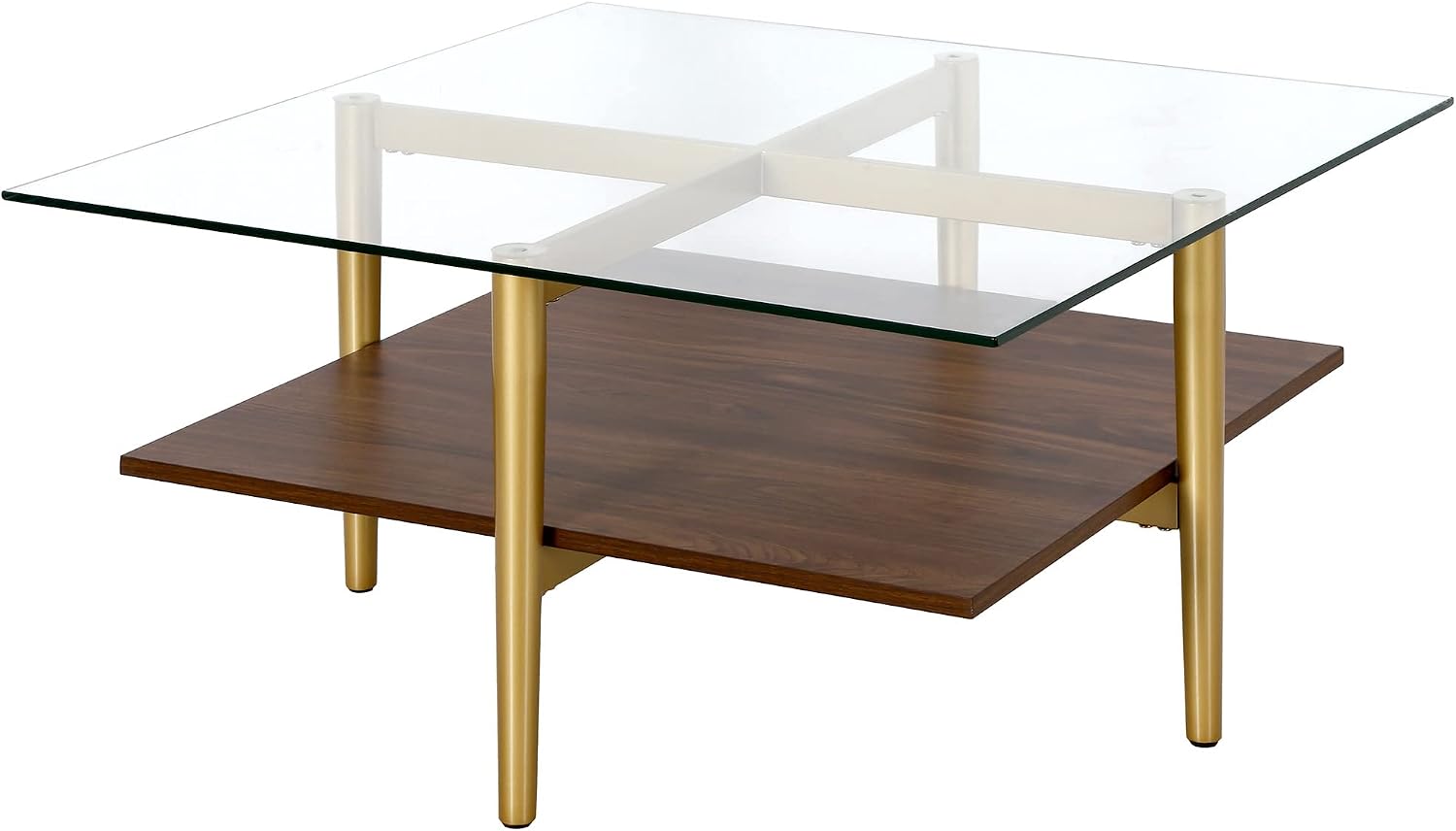 Otto 32' Wide Square Coffee Table with Faux Walnut Shelf in Brass