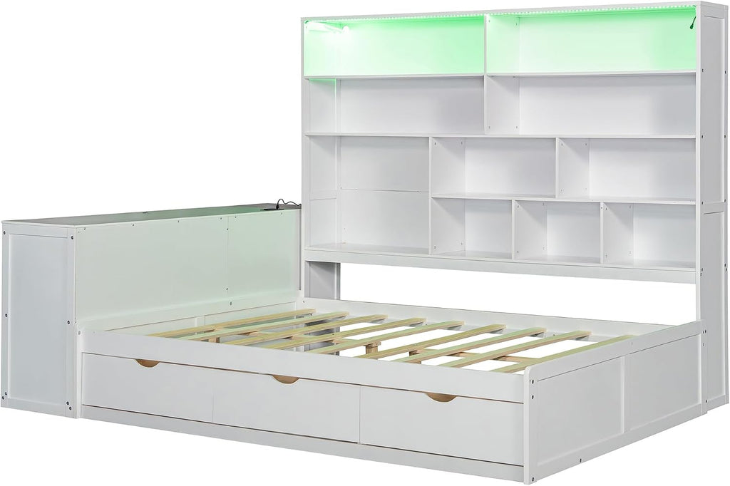 SOFTSEA Full Size Corner Day Bed with Drawers, Desk & Bookcase, Wood L Shaped Daybed with LED Lights and USB Ports for Kids Teens Adults, No Box Spring Needed, White