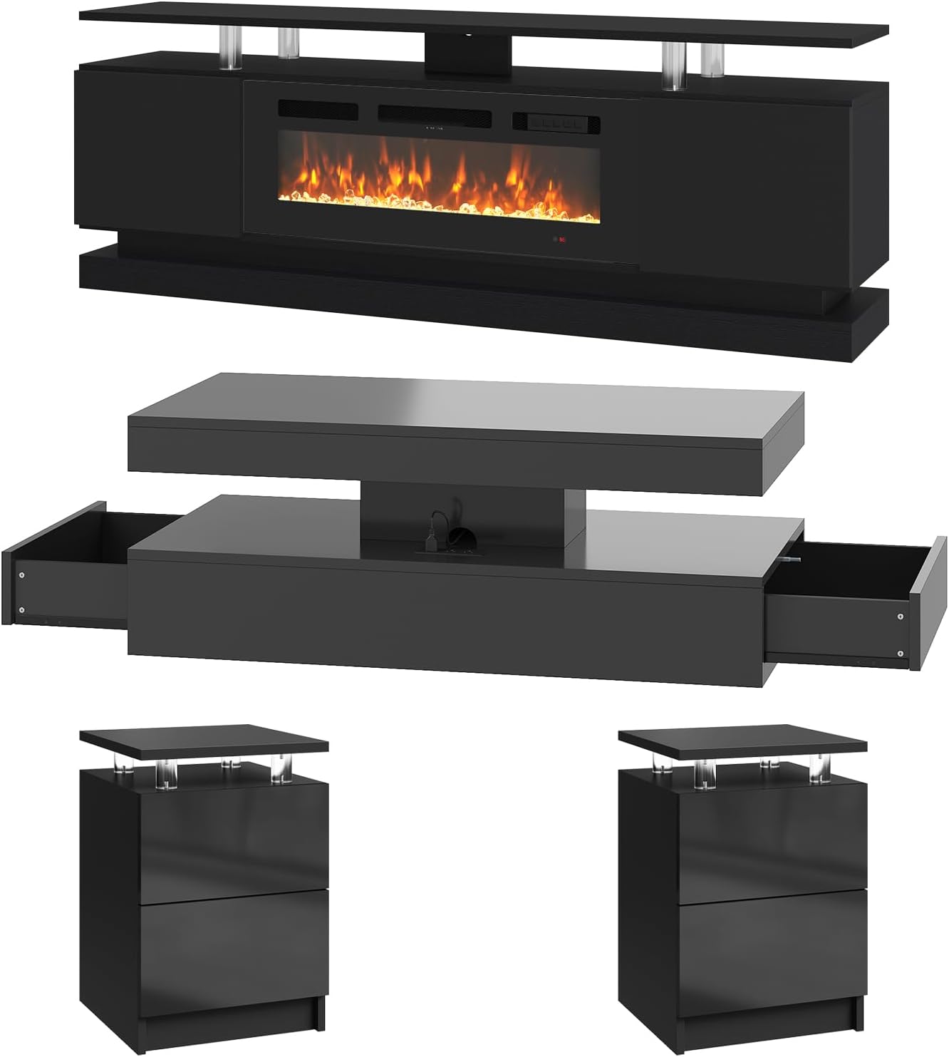 4-Piece Modern Living Room Table Set, Includes High Gloss 70' Fireplace TV Stand, 47' LED Coffee Table and 15' End Tables Set of 2 with Storage Drawers, Black