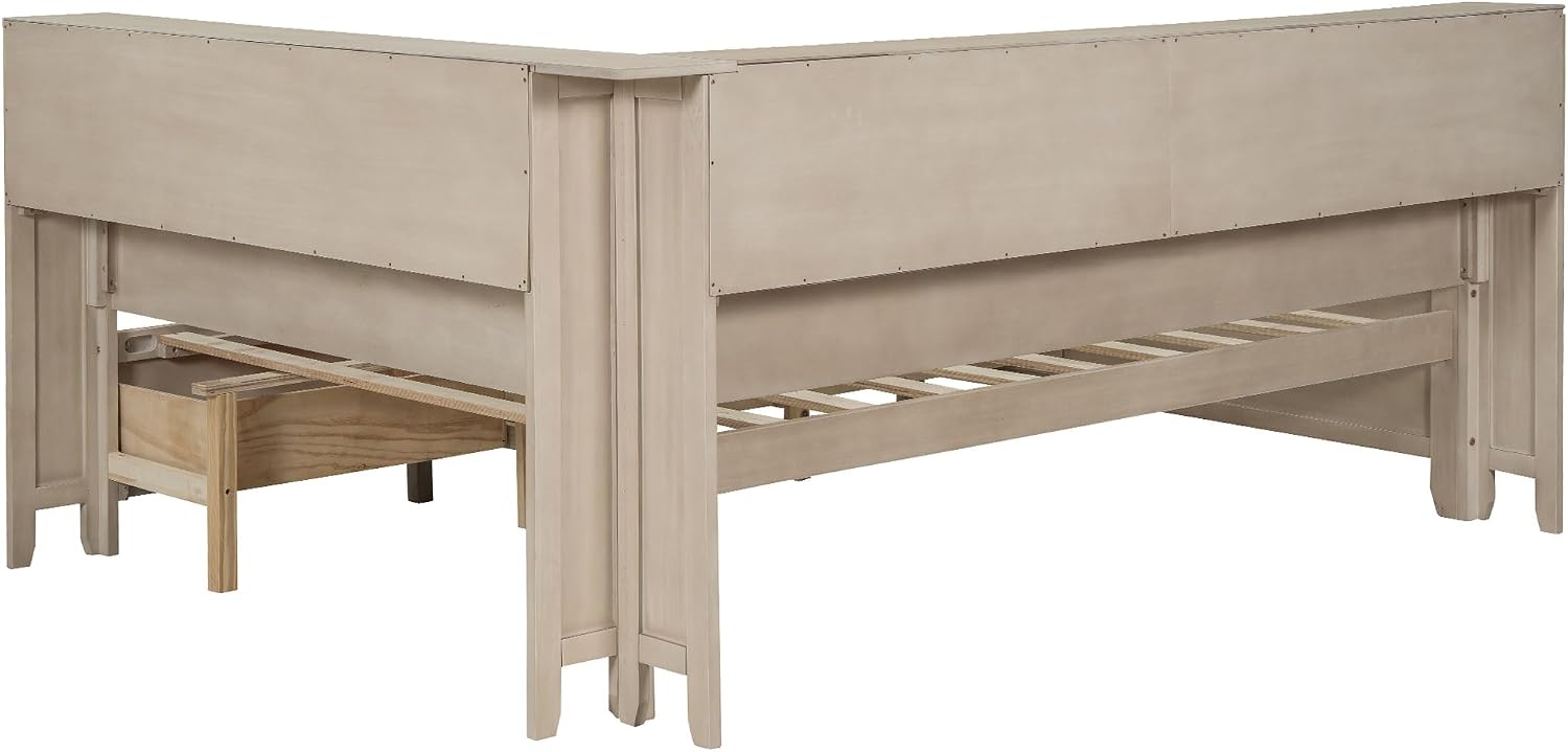 Full Size Daybed with Storage Shelves and 3 Drawers, Antique White Milk, Solid Wood + MDF, Farmhouse Corner Daybed Frame with Storage for Living Room, Bedroom, Guest Room