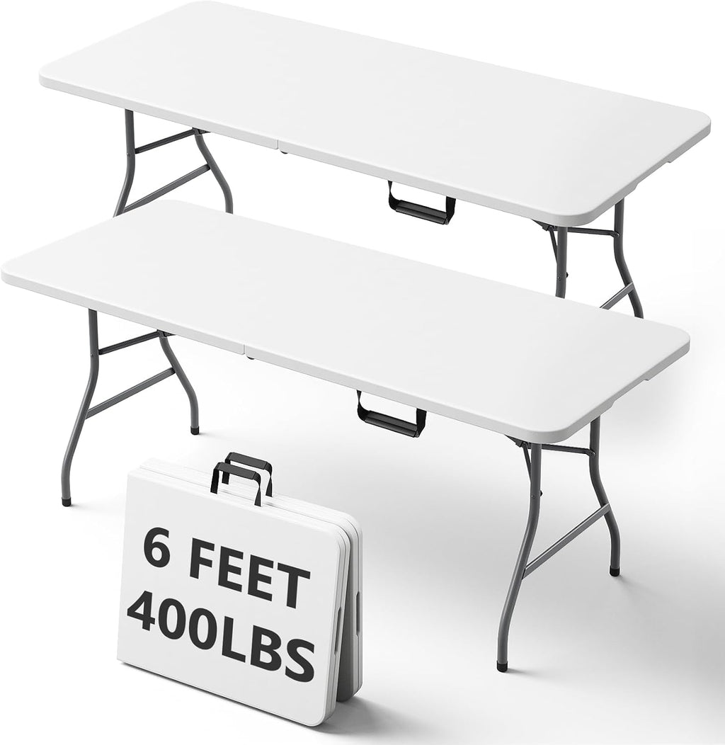 6FT Folding Table, Heavy Duty Plastic Fold-in-Half Utility Table with Handle, Portable Camping Picnic Table with Steel Legs for Indoor Outdoor Party, Dining, White,2 Pack