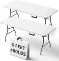 6FT Folding Table, Heavy Duty Plastic Fold-in-Half Utility Table with Handle, Portable Camping Picnic Table with Steel Legs for Indoor Outdoor Party, Dining, White,2 Pack
