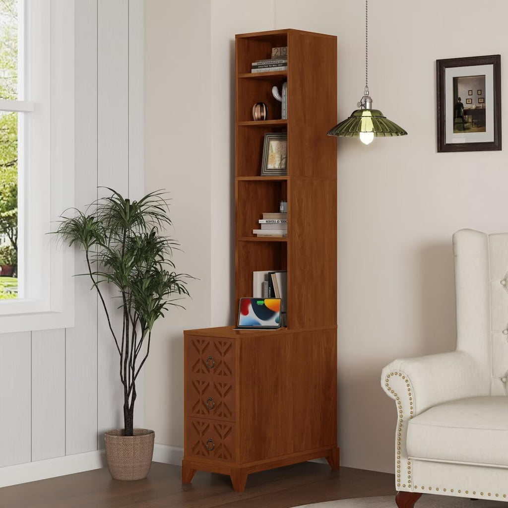 JIJIWANG 23.6' L End Table with 3 Drawers, Corner Table with 4 Open Shelves, Tall Side Table for Bedroom and Corner, Expect Arrival Date, Natural
