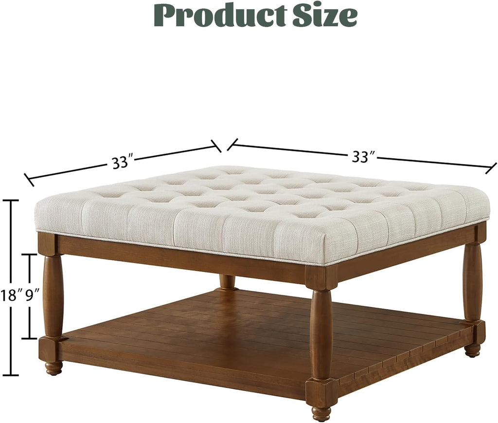 Ottoman Coffee Table, Upholstered Square Coffee Table with Storage Solid Wood Shelf, Linen Large Footrest Ottoman Pouf for Living Room, Ivory