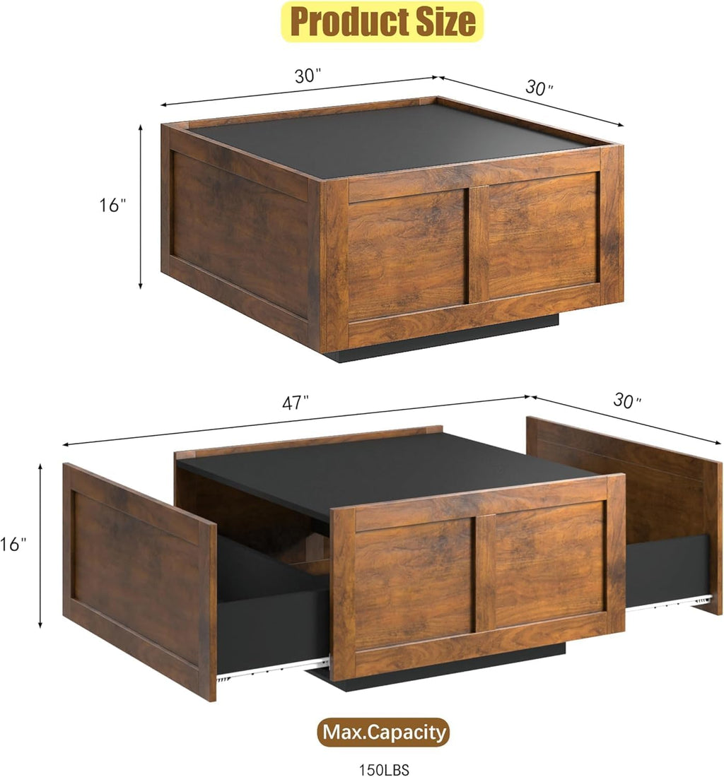 HedoAjim Farmhouse Coffee Table with 2 Storage Drawers for Living Room Square Center Middle Table Modern Cocktail Table Contemporary Mid Century Wood Home Office Waiting Room, Black Rustic