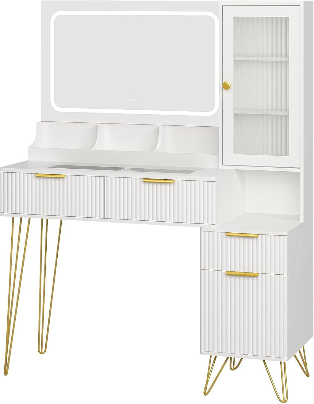 43' Vanity Desk with Mirror and Lights, Makeup Vanity Table with 4 Drawers, White Dressing Table for Bedroom, Fluted Makeup Desk with Modern Glass Top, 3 Lighting Modes Adjustable Brightness
