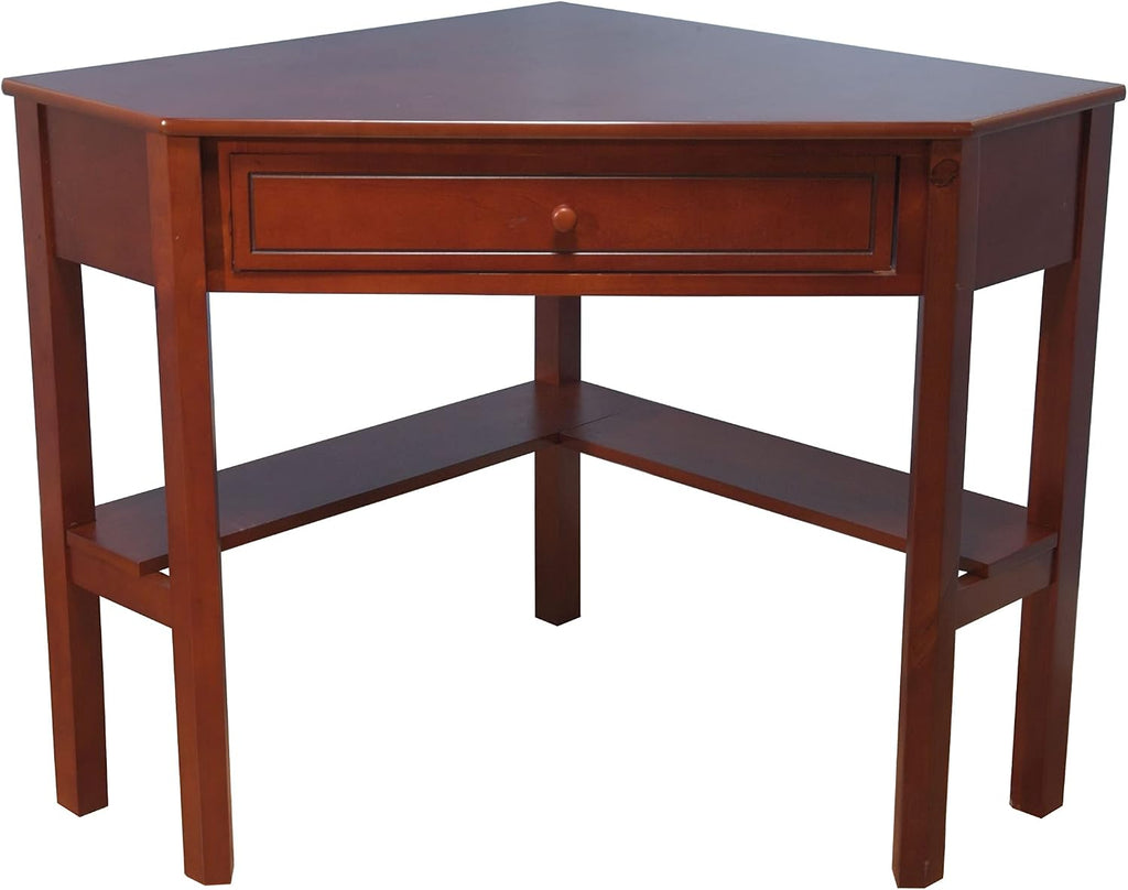 Ellen Wood Small Corner Desk with Wooden Knob Storage Drawer and Shelf – Compact Computer Table for Home Office, Bedroom, or Study, Cherry