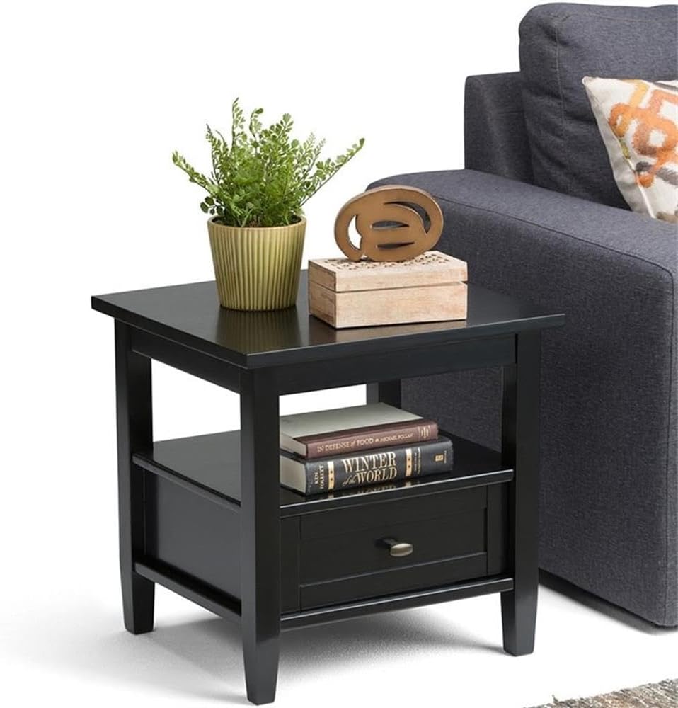 Small End Table for Living Room, Square Bed Side Table for Small Spaces, Narrow Nightstand with Storage Drawer and Shelf, Unique Rustic Telephone Table for Sofa Side, Black Corner Table for Sofa Side
