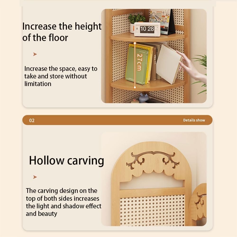 5 Tier Rattan Corner Shelf, Standing Shelf Organizer, Freestanding Corner Bookshelf, Bamboo Plant Stand, Balcony Decorations for Apartment, Wall Corner, Living Room, Bedroom(Natural)