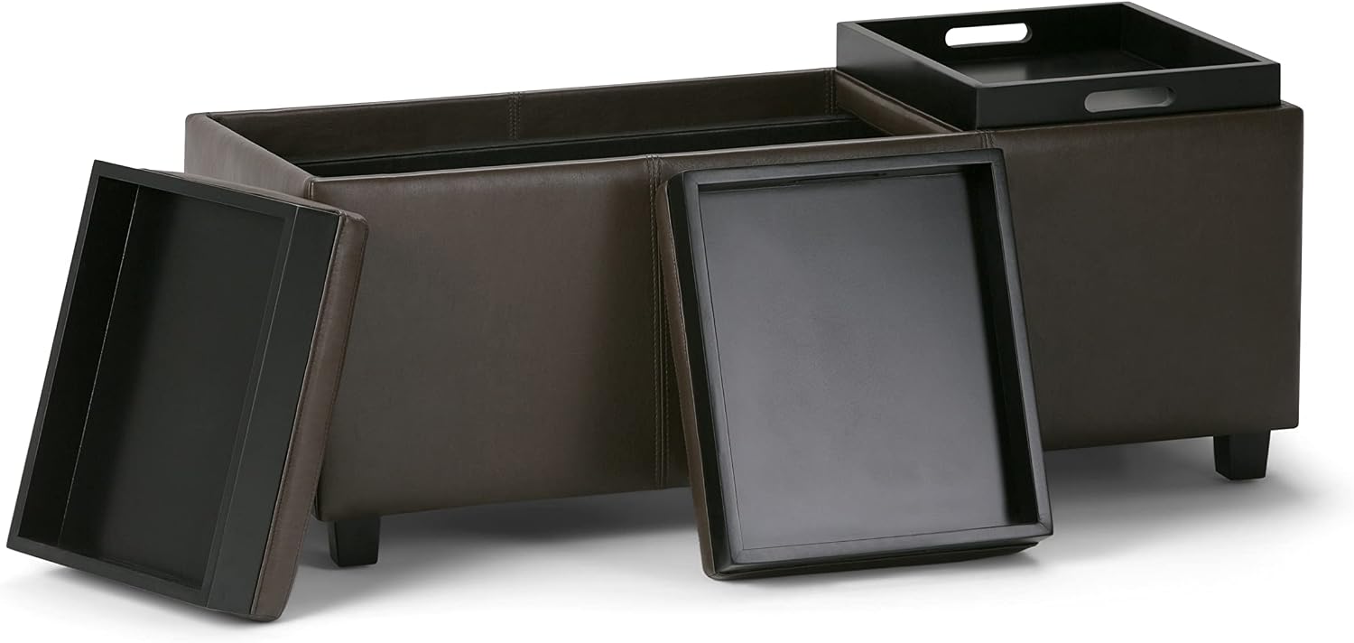 SIMPLIHOME Avalon Storage Ottoman - 42 inch Wide Upholstered Vegan Leather Rectangular Flip-Top Ottoman in Chocolate Brown, Contemporary Coffee Table Ottoman for Living Room with Hidden Storage