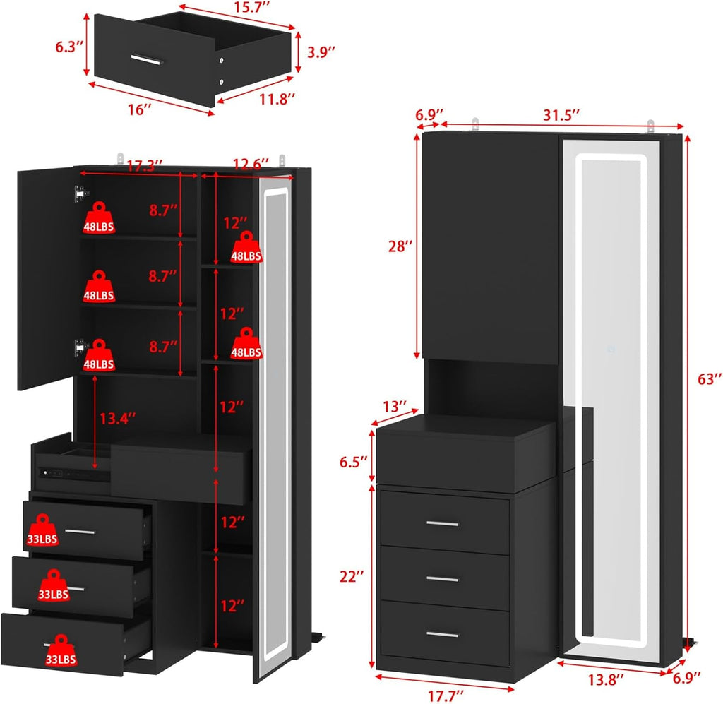 Vanity Desk with Mirror and Lights, Makeup Vanity with Drawers and Hidden Shelves, Full Length LED Mirror, Bedroom Dressing Table with Sliding Top, Grid Drawer, Black, 19.7'D x 31.5'W x 63'H