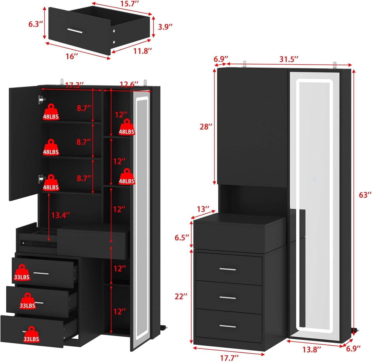 Vanity Desk with Mirror and Lights, Makeup Vanity with Drawers and Hidden Shelves, Full Length LED Mirror, Bedroom Dressing Table with Sliding Top, Grid Drawer, Black, 19.7'D x 31.5'W x 63'H