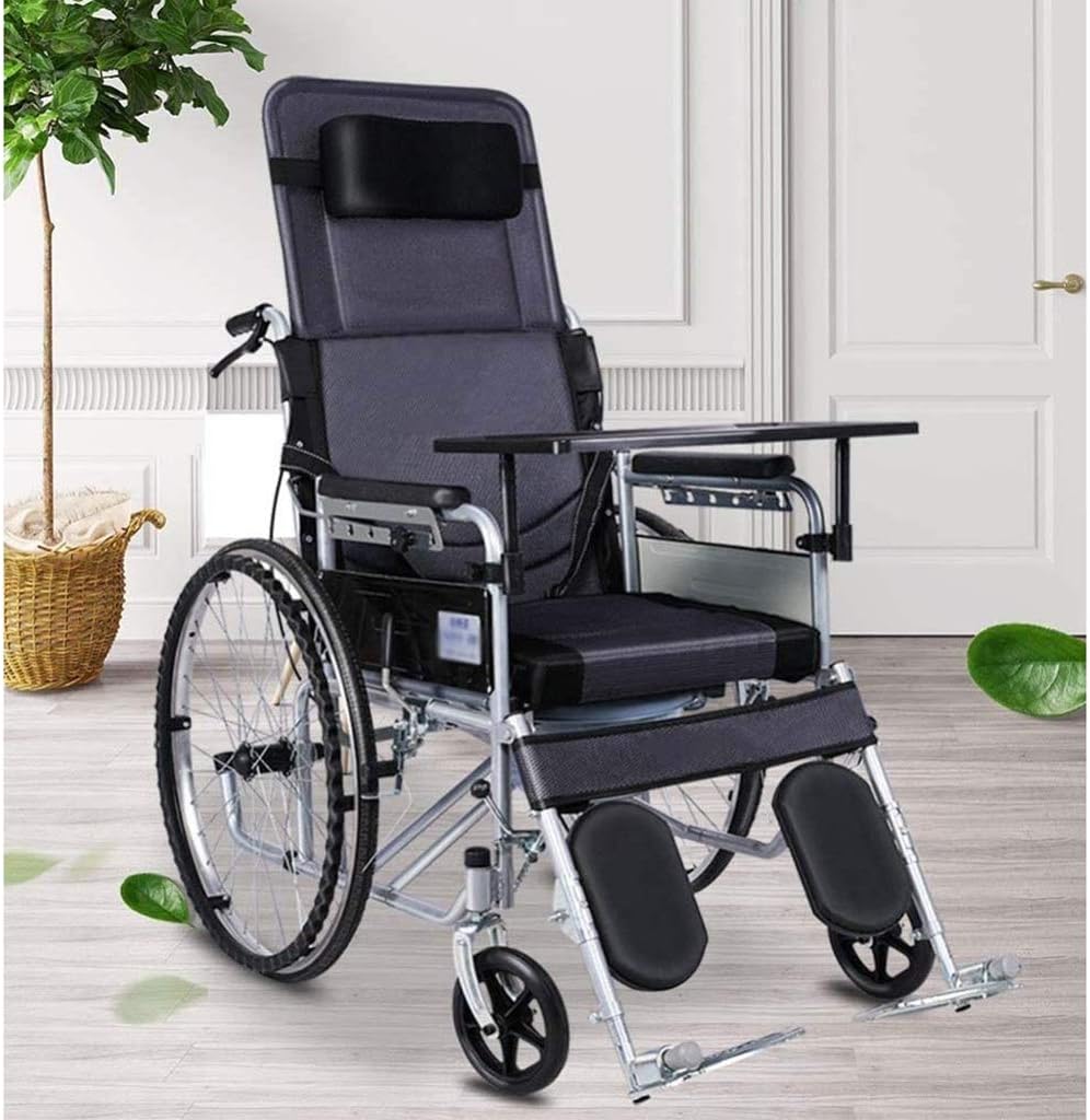 Wheelchair Self-Propelled, High Back Foldable Aluminum Alloy Manual with Dinner Board and Potty Non-Pneumatic Tire Double Brake Disabled/Elderly Push Scooter,Portable