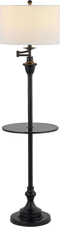 JONATHAN Y 60' Black Floor Lamp with Integrated Glass Side Table, Modern Swing Arm Standing Lamp for Living Room, White Linen Shade, LED Bulb Included (JYL3055D)