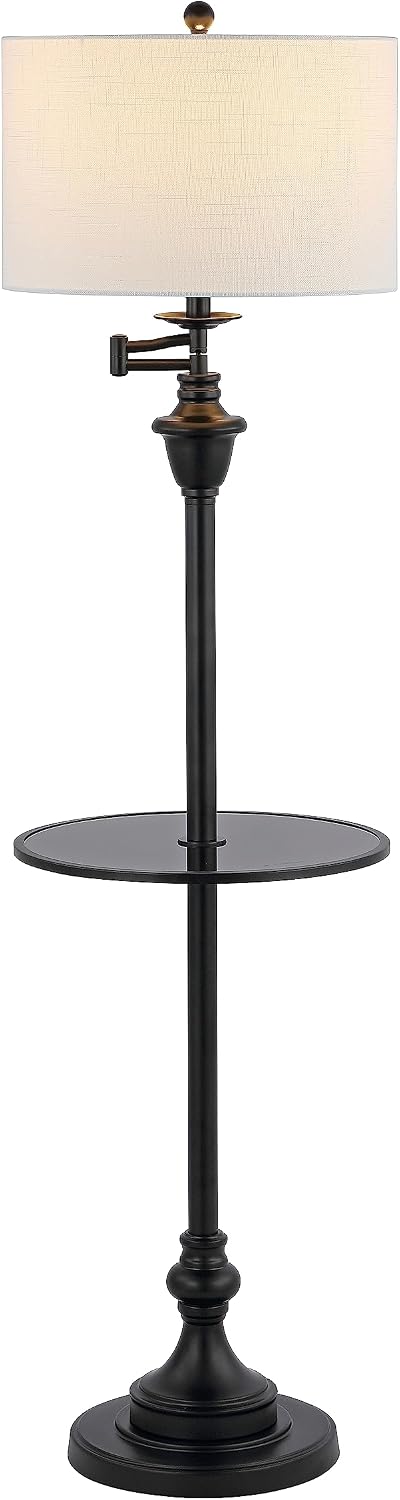 JONATHAN Y 60' Black Floor Lamp with Integrated Glass Side Table, Modern Swing Arm Standing Lamp for Living Room, White Linen Shade, LED Bulb Included (JYL3055D)