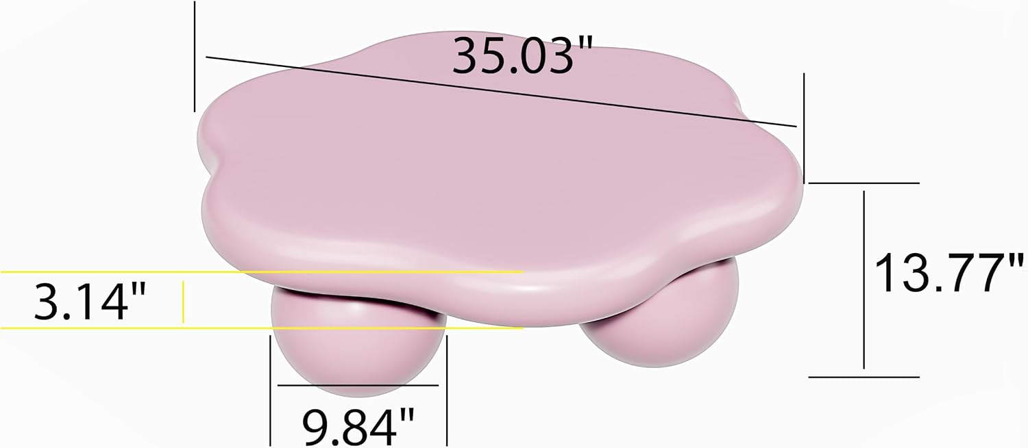 35.03' Cloud Coffee Table for Living Room Unique Coffee Table Modern Low Coffee Tables Cute Center Table with 3 Ball Legs for Small Space Apartment Cream Flower-Pink