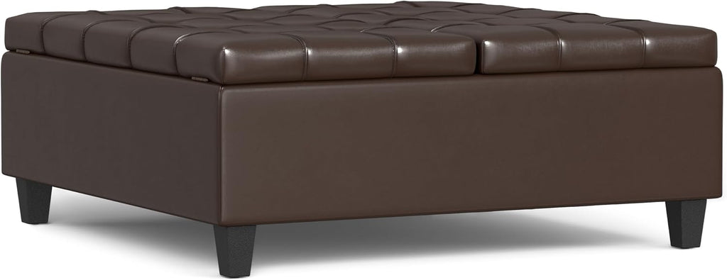 SIMPLIHOME Harrison Large Coffee Table Storage Ottoman - 40 inch Wide Upholstered Vegan Leather Square Lift-Top Ottoman in Chocolate Brown, Transitional Bench for Living Room with Sturdy Base