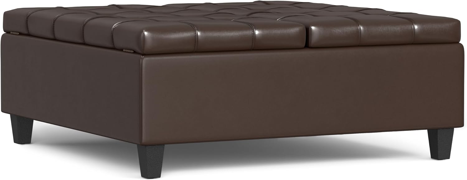 SIMPLIHOME Harrison Large Coffee Table Storage Ottoman - 40 inch Wide Upholstered Vegan Leather Square Lift-Top Ottoman in Chocolate Brown, Transitional Bench for Living Room with Sturdy Base