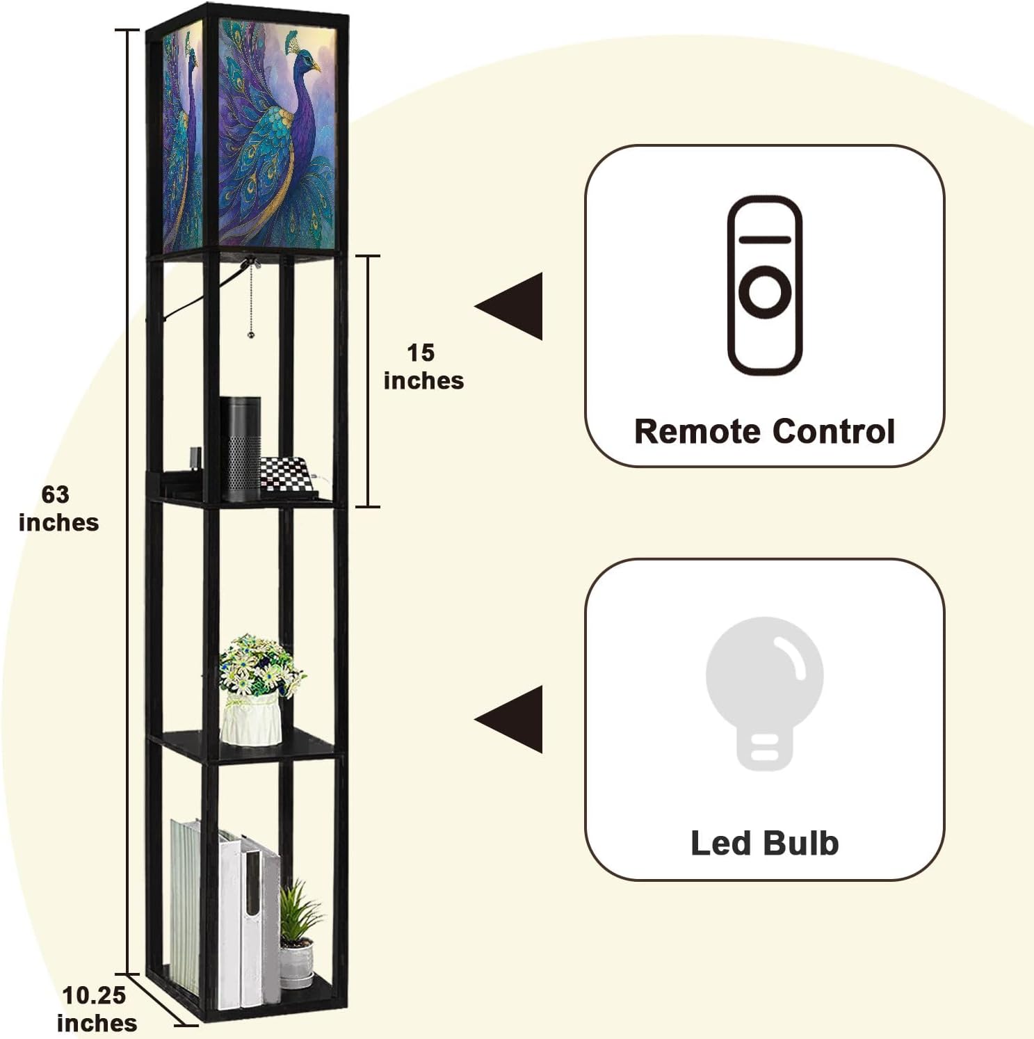 Floor Lamp with Shelves Modern Stained Glass Peacock Art Teal Gold Feathers Standing Tall Lamp USB Ports & Power Outlet Modern Corner Lamp Nightstand Light for Living Room Bedroom