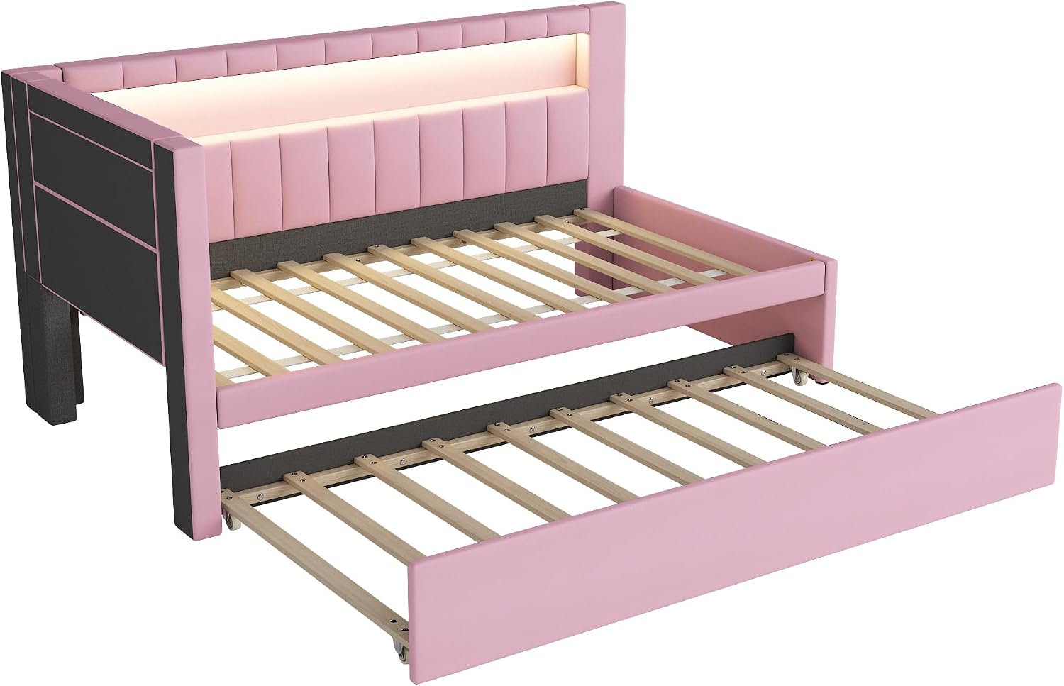 L-Shaped Upholstered Daybed with Trundle and USB Ports & LED,Day Bed with Storage Shelves Headboard,Sleeper Sofa Couch for Living Room-Twin Size,Pink