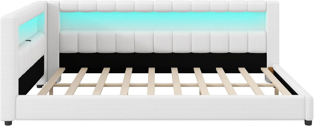 Upholstered Full XL Size Daybed with LED and USB Ports, L-Shaped Corner Day Bed with Storage Shelves Headboard,Space Saving for Girls Adults Kids Boys, White
