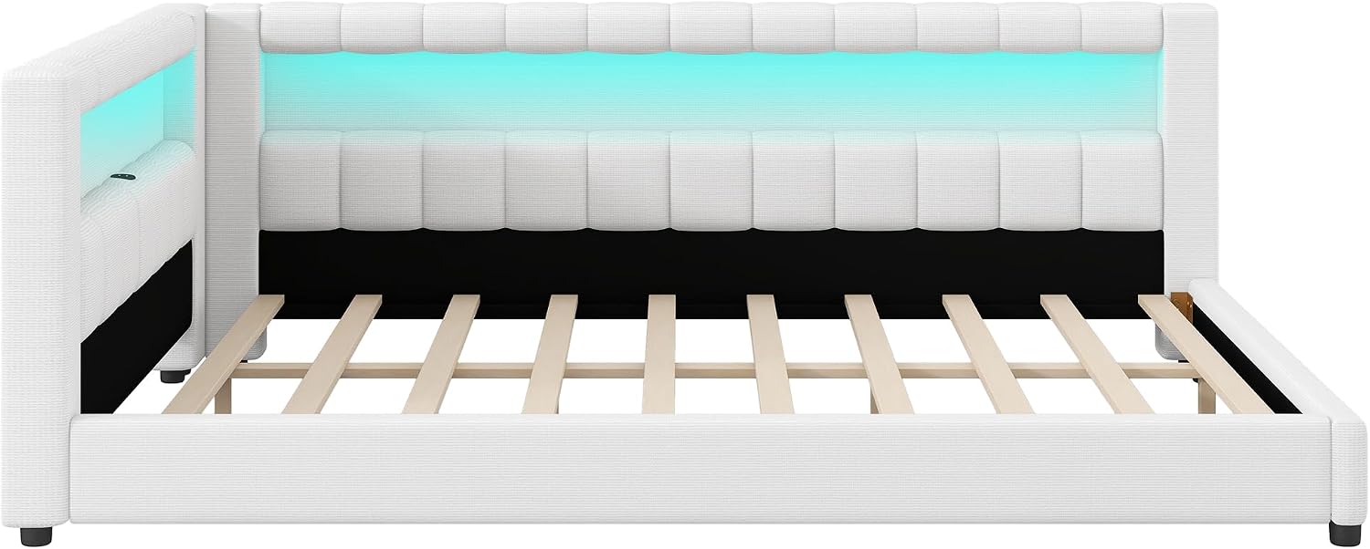 Upholstered Full XL Size Daybed with LED and USB Ports, L-Shaped Corner Day Bed with Storage Shelves Headboard,Space Saving for Girls Adults Kids Boys, White