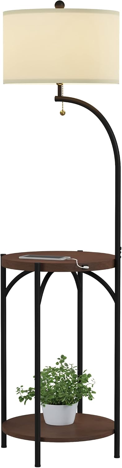 Lavish Home Floor Lamp with End Table - Modern Rustic Side Shelves with USB Charging Port, LED Light Bulb, and Drum-Shaped Shade - Standing Lights