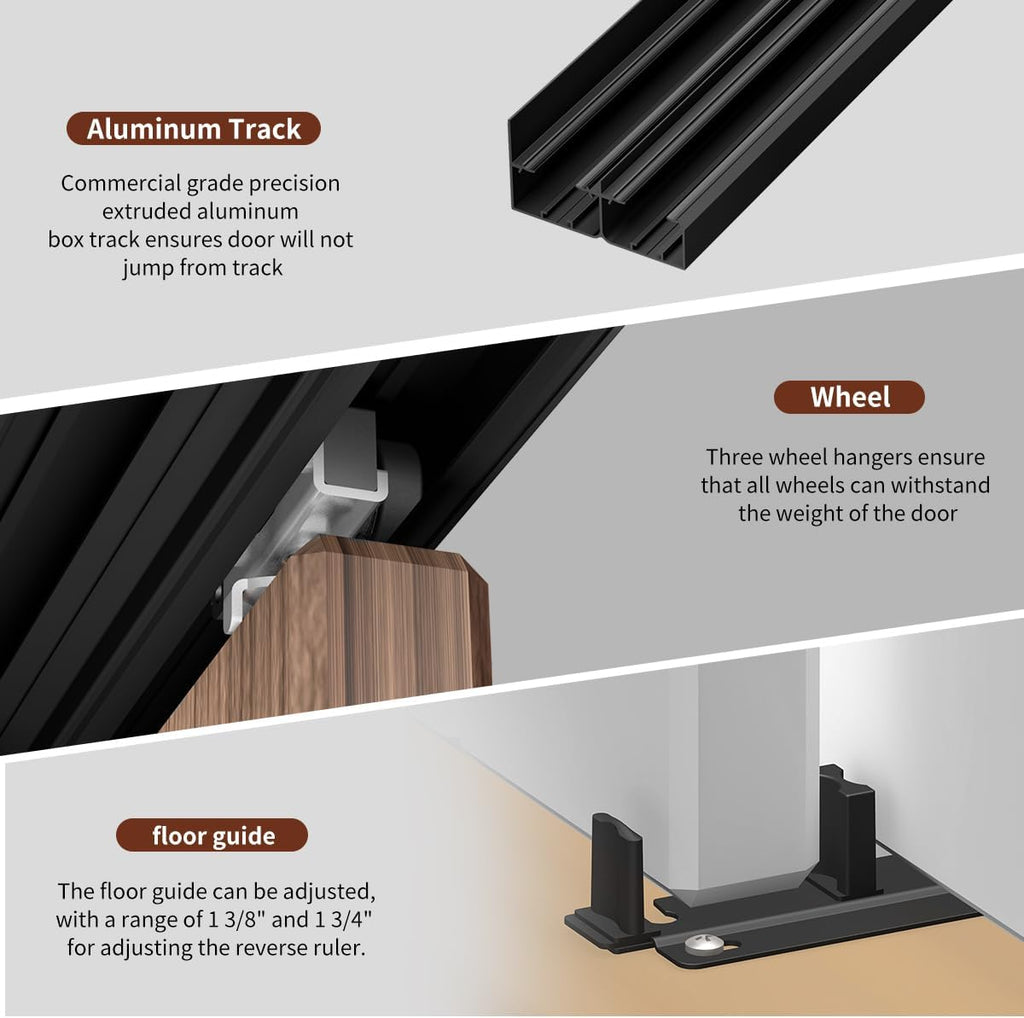 Heavy Duty Bypass Sliding Closet Door Track Hardware 72', 6 FT Aluminium Pocket Door Track Rail Set, Smoothly and Quietly, for 2 Door System,Black