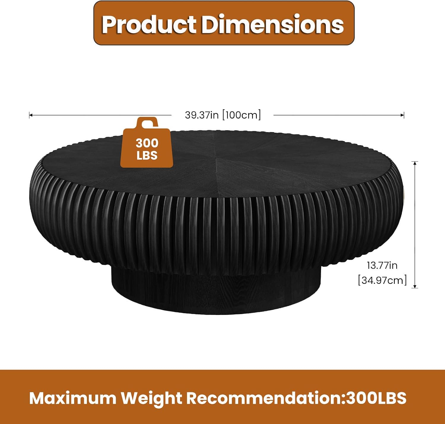 Round Drum Coffee Table with Sturdy Pedestal, Modern Wooden Fluted Coffee Table, Circle Center Table Accent Tea Table for Living Room Apartment Office Reception Room (Black D39.4)