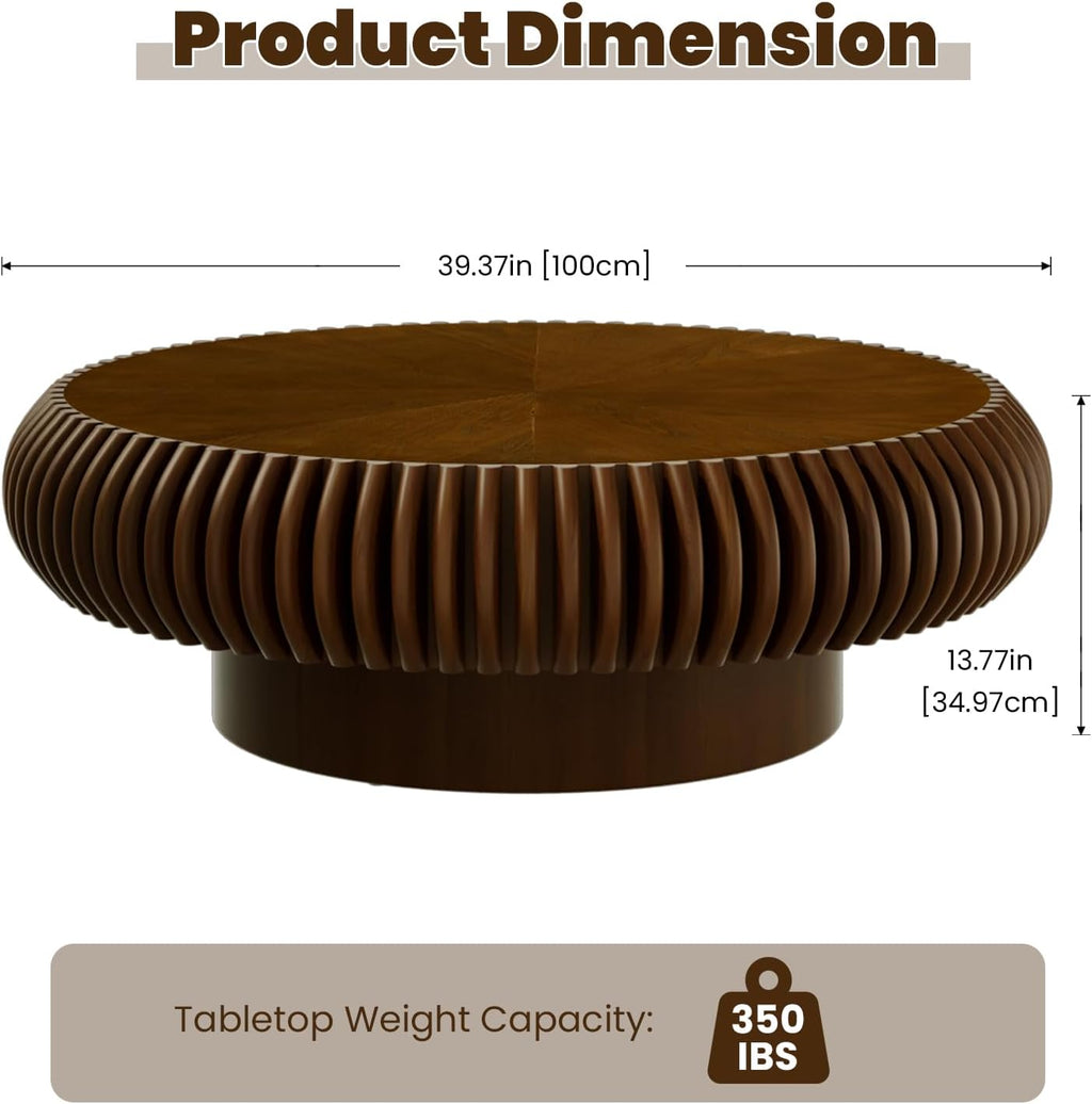39.3' Drum Coffee Table Modern Unique Fluted Tea Table Contemporary Wood Round Coffee Table with Fluted Centry Table for Living Room Walnut (39.3' Walnut)