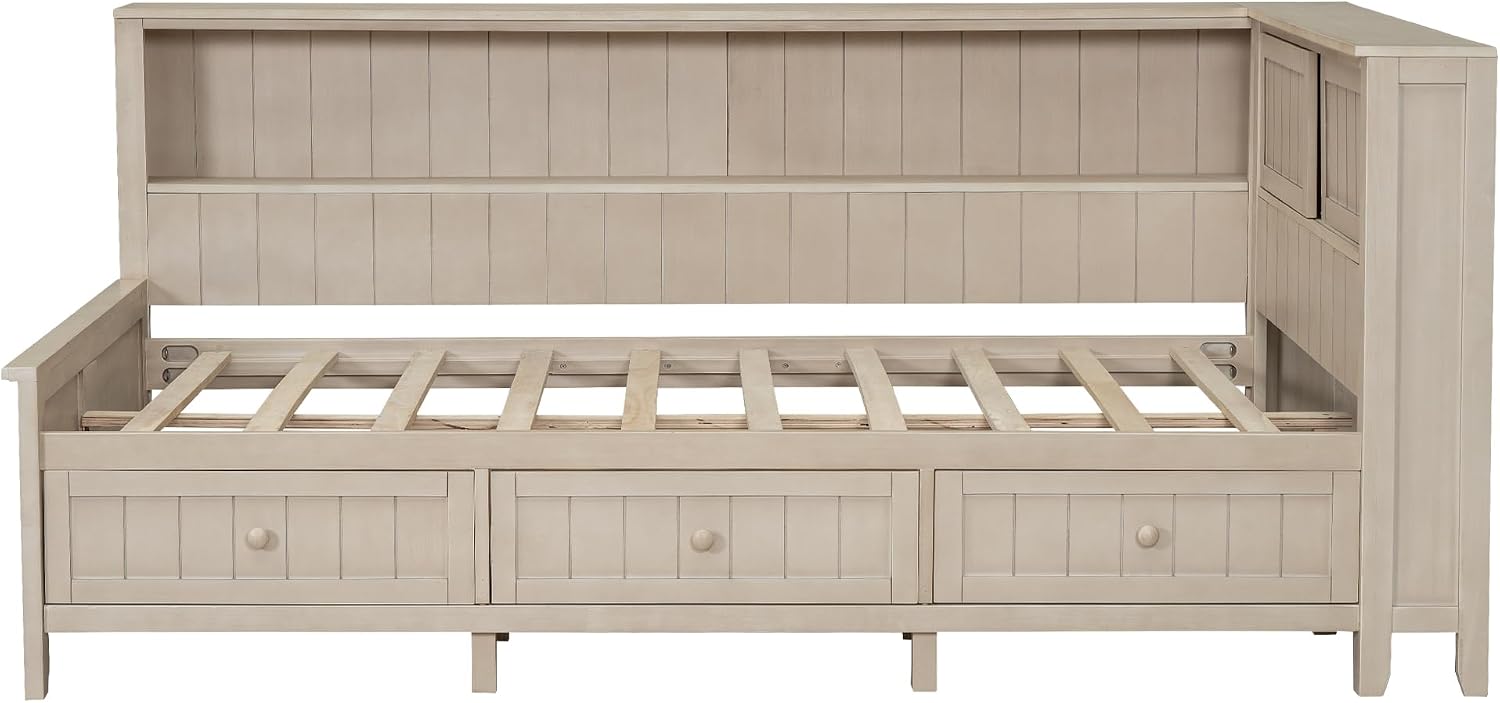 RuiSiSi Twin Daybed with Storage Drawers, Wood Twin Size Corner Bed Frame with Storage Shelves and Headboard, White Milk