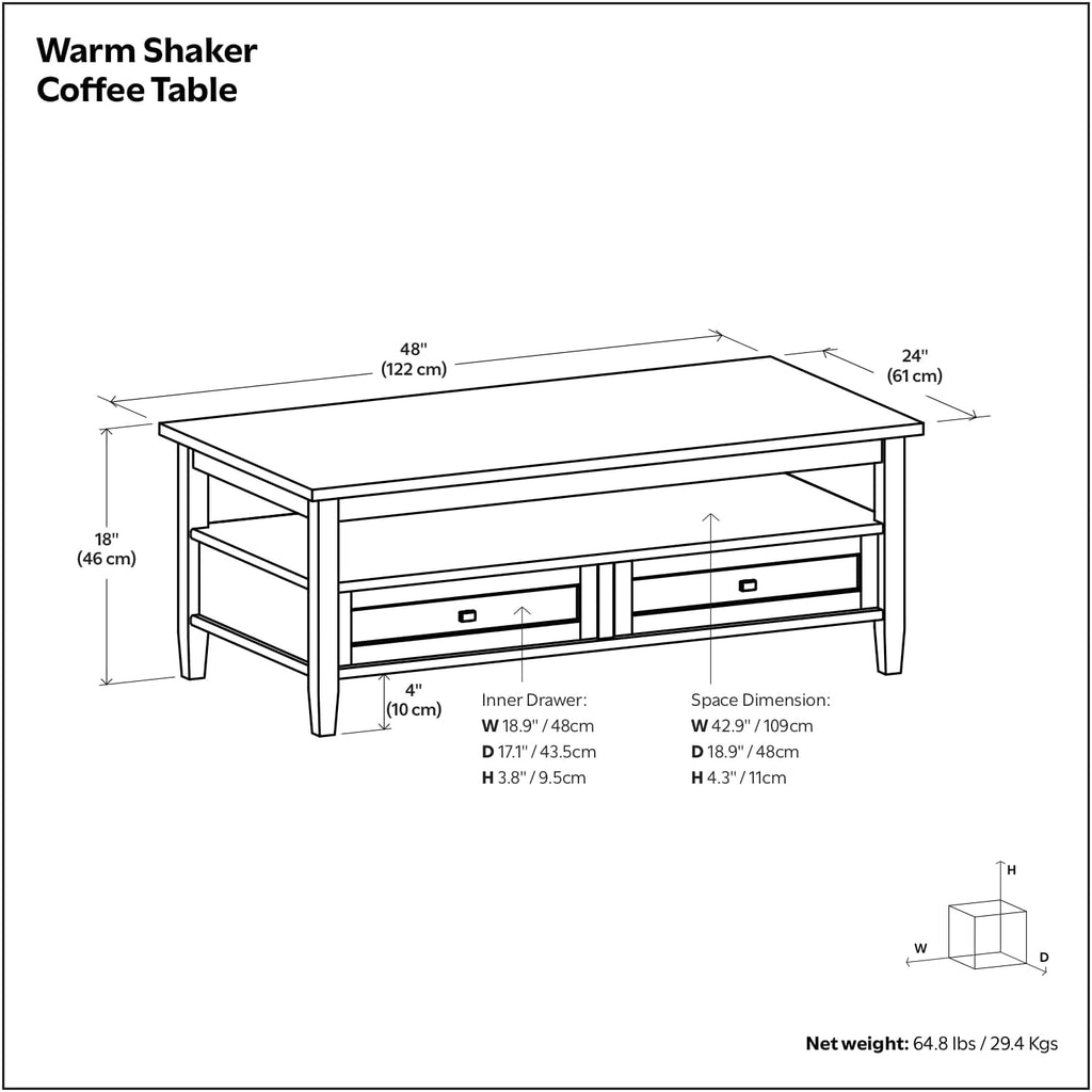 SIMPLIHOME Warm Shaker Coffee Table - 48 inch Wide Solid Wood Coffee Table in Farmhouse Brown, Transitional Living Room Table with 2 Drawers, Open Shelf, Shaker Fronts and Tapered Legs