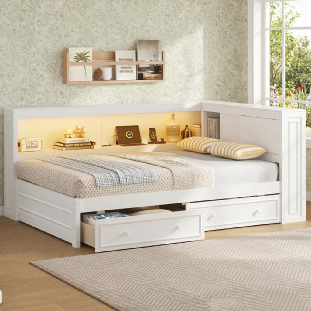 RuiSiSi Full Corner Bed Frame with Bookshelf and Drawers, Wood Daybed Full Size with Charging Station and Led, White