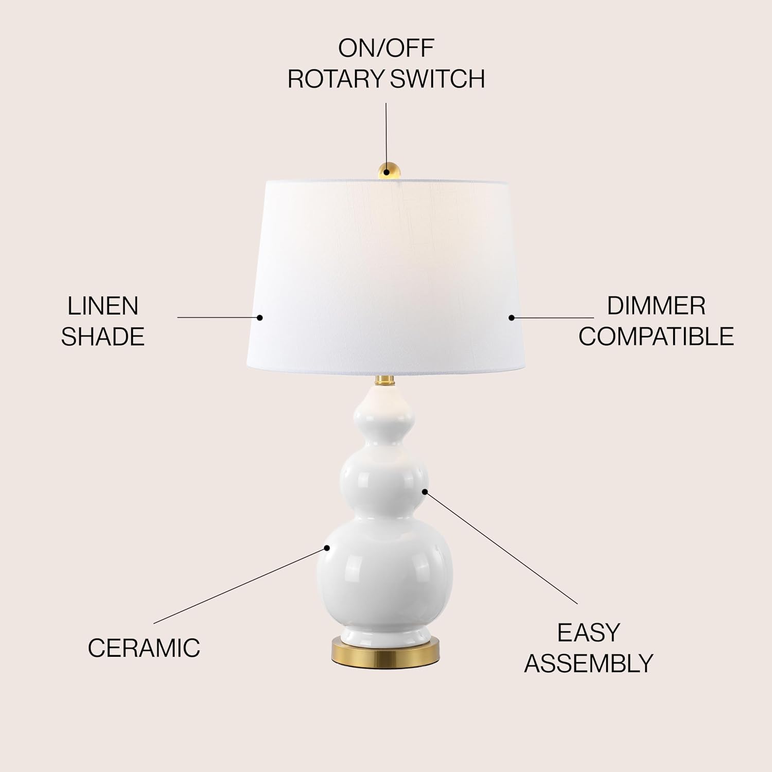 JONATHAN Y 27.5' White/Brass Gold Modern Ceramic Gourd Table Lamp for Living Room, Large Bedside Nightstand Lamp for Bedroom, White Linen Drum Shade, LED Bulb Included (JYL4023D)