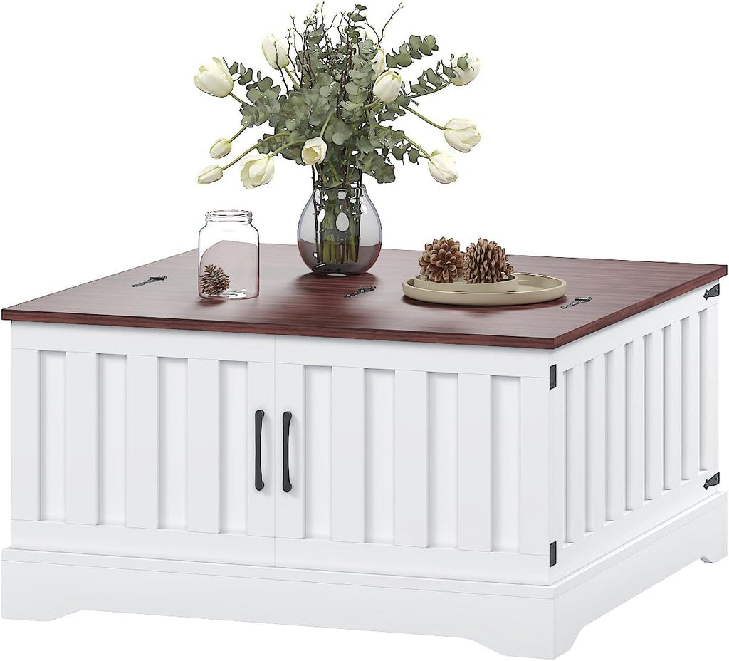 Square Lift Top Coffee Table with Storage, White Brown Led Coffee Table for Living Room with Large Hidden Storage, 30.7' Wood Table Led Center Table for Dining Reception Room