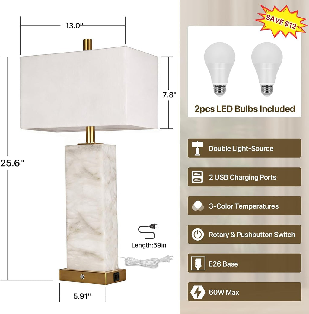 25.6' Alabaster Lamp, Marble Lamp Nightstand Lamps Set of 2, Modern Table Lamp with USB Ports, 3-Color Temperatures Bedside Lamps with Nightlight, Table Lamps for Living Room Bedroom, Bulbs Included