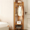 Bamboo Corner Coat Rack with Storage Rack, Floor-standing Clothing Rack with Hooks, Multifunctional Corner Shelves for Living Room, Entrance or Bedroom(Natural)