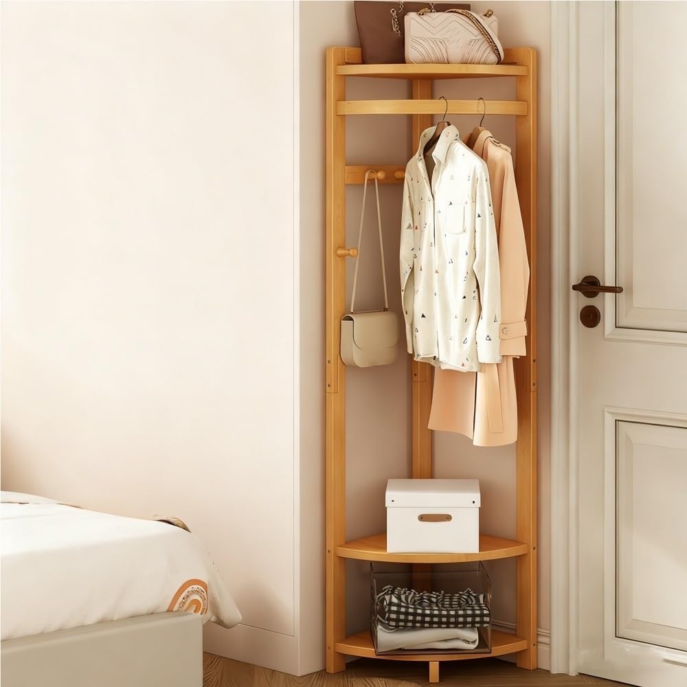 Bamboo Corner Coat Rack with Storage Rack, Floor-standing Clothing Rack with Hooks, Multifunctional Corner Shelves for Living Room, Entrance or Bedroom(Natural)