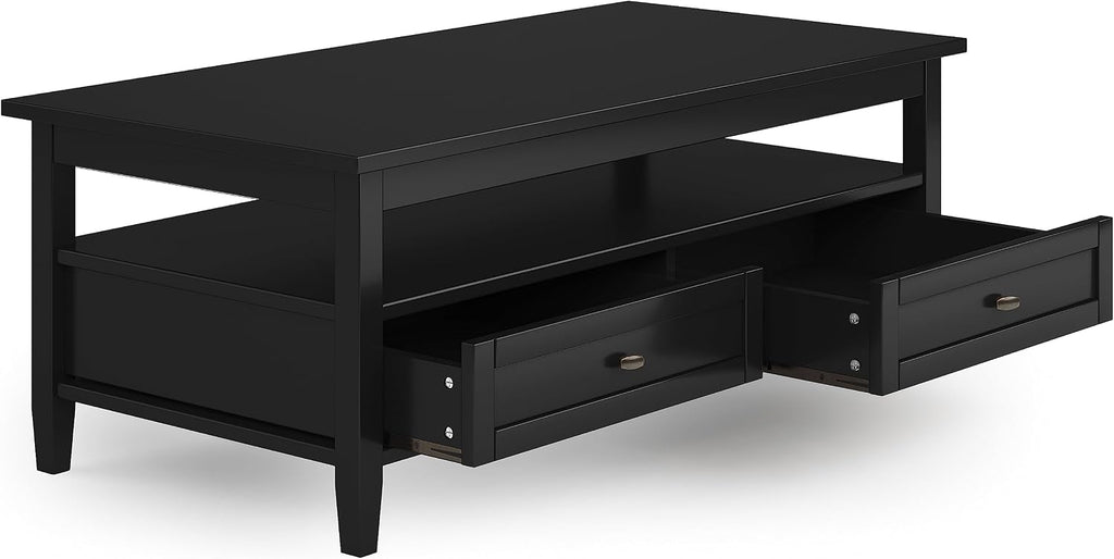 SIMPLIHOME Warm Shaker Coffee Table - 48 inch Wide Solid Wood Coffee Table in Black, Transitional Living Room Table with 2 Drawers, Open Shelf, Shaker Fronts and Tapered Legs