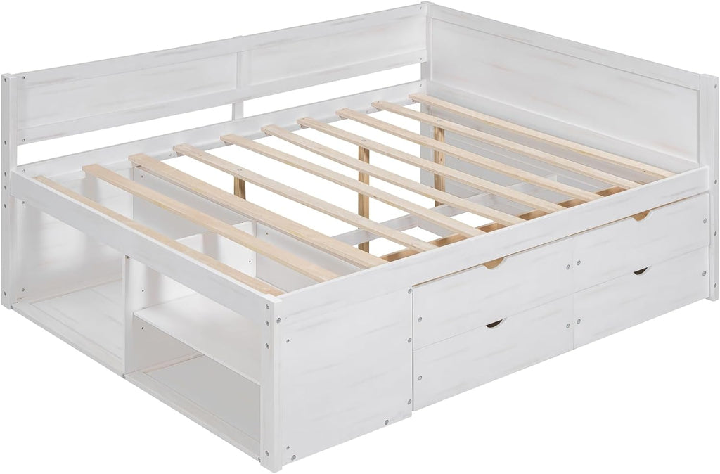 White Full Size L-Shaped Daybed with 4 Storage Drawers & Shelves,Wooden Corner Day Bed Frame with Headboard & Bookcase for Boys,Girls,Small Room,Guest Room,kids'Room,No Box Spring Needed