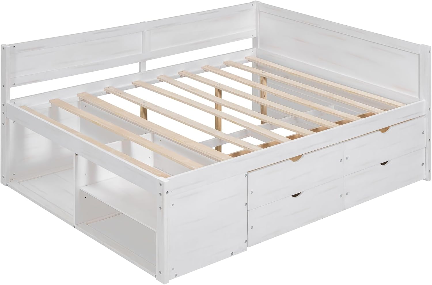 White Full Size L-Shaped Daybed with 4 Storage Drawers & Shelves,Wooden Corner Day Bed Frame with Headboard & Bookcase for Boys,Girls,Small Room,Guest Room,kids'Room,No Box Spring Needed