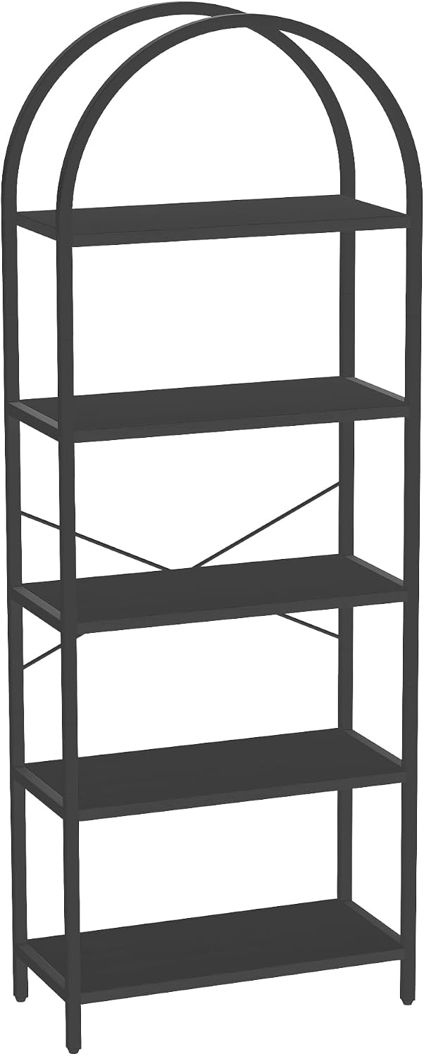 Takywep Bookshelf, Arched Bookcase with Metal Frame 5 Tiers Bookshelf Industrial Arched Cabinet Display Shelf Floorstanding Storage Shelving Unit for Bedroom, Living Room and Home Office, Black
