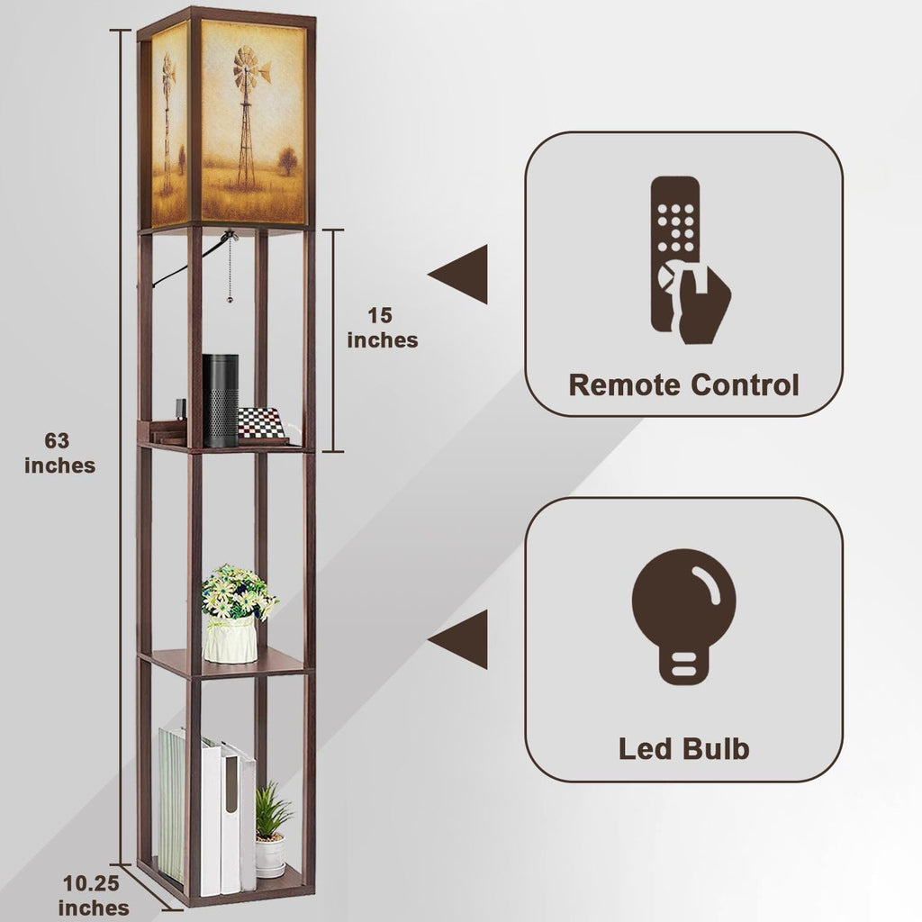 Floor Lamp with Shelves Rustic Windmill Golden Prairie Landscape Standing Tall Lamp USB Ports & Power Outlet Modern Corner Lamp Nightstand Light for Living Room Bedroom