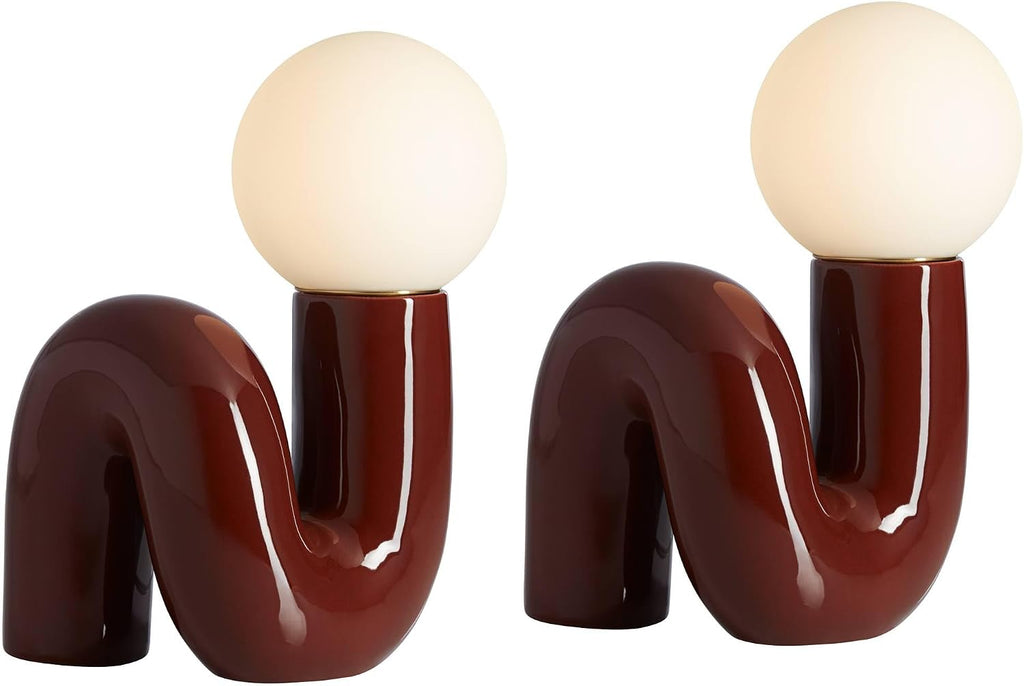 360 Lighting Fondant 11 1/2' Small Mid Century Modern Accent Table Lamps Set of 2 Chocolate Brown Ceramic Glass White Shade Living Room Bedroom Bedside Nightstand House Office Home Reading