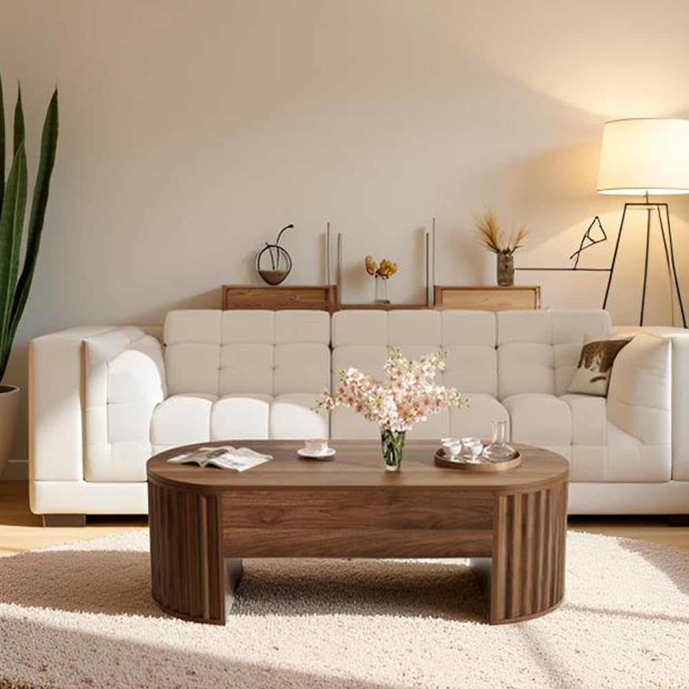 Oval Coffee Table with Lifting Top for Living Room Smart Coffee Table with Storage Mid Century Modern Coffee Tables with Adjustable Lift Top Coffee Tables Fluted Walnut 47.2'