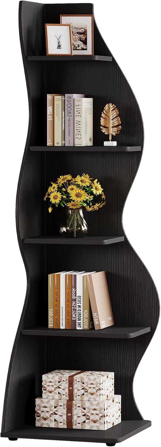 Tribesigns Wavy Corner Shelf Set of 2, Modern 5-Tier Bookshelf Etagere Bookcase with Curvy Shape, Unique Plant Stand Display Shelf for Living Room Small Space (Black)